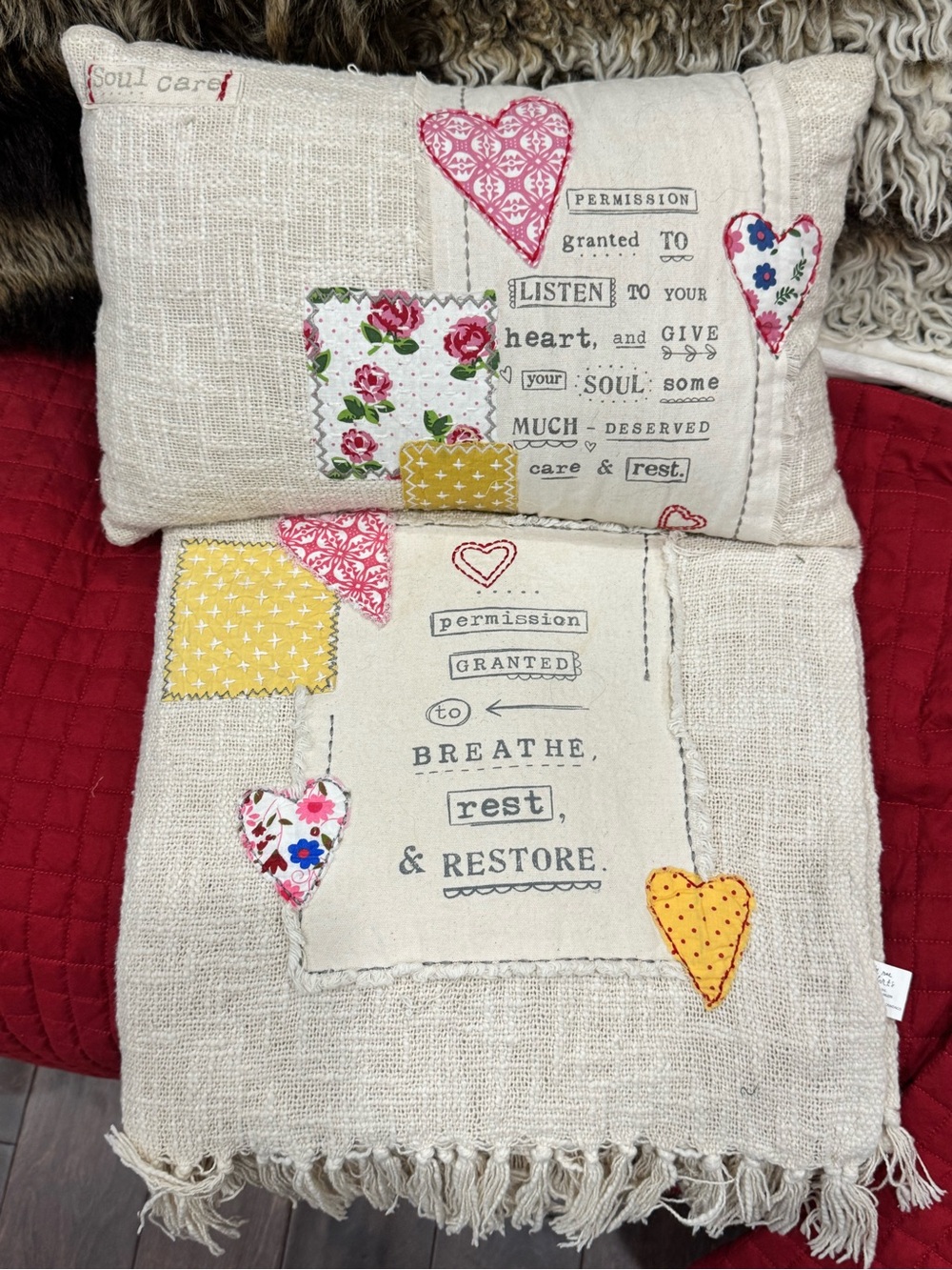 Neutral Decorative Pillow Cover with Heart Appliqués - Beige and Marching Throw
